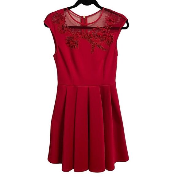 Ted Baker Dollii Embroidered Mesh Detail Skater Red Dress - Picture 2 of 8
